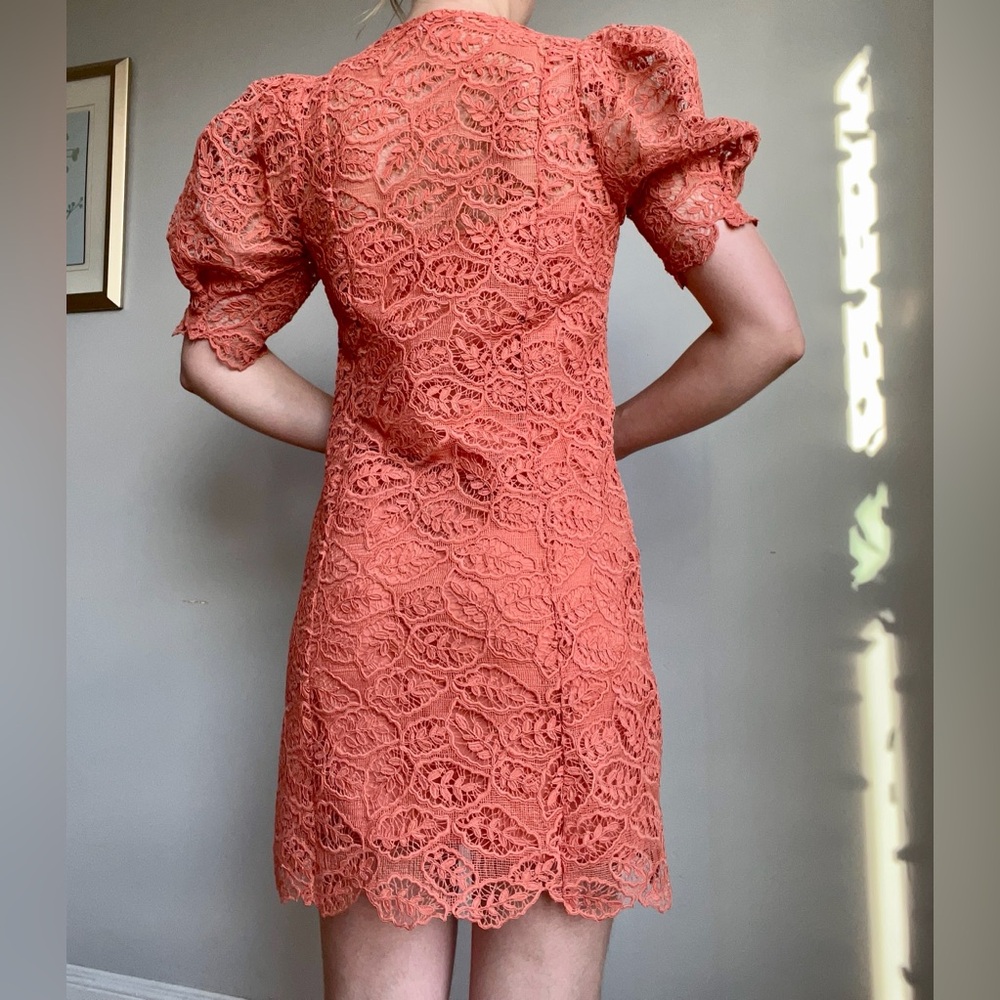 Sandro Lace Summer-Cocktail Coral Puff Sleeves Dress (French brand) - Picture 4 of 10
